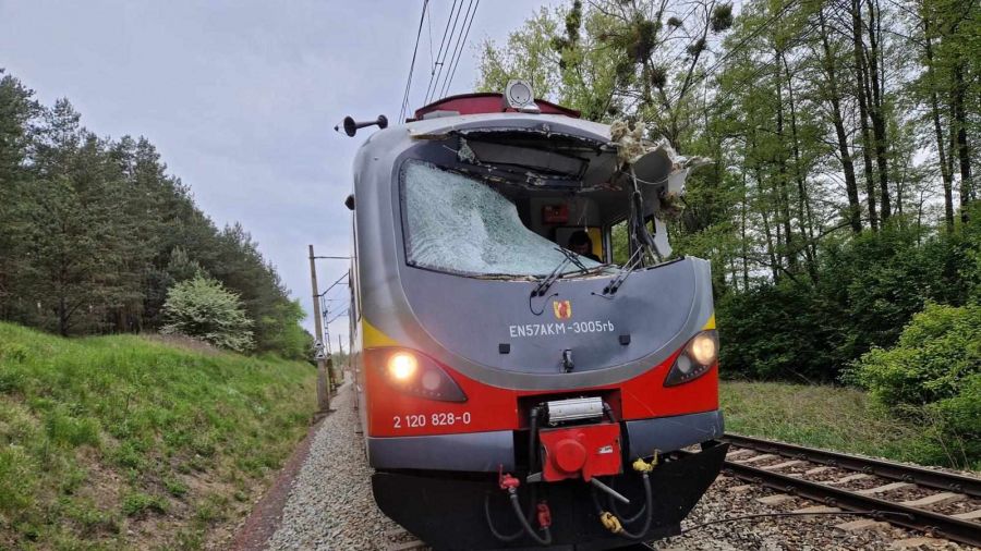 W piątek 9 maja przed godz. 16:00 pociąg osobowy POLREGIO uderzył w uszkodzony słup sieci trakcyjnej (fot. KM PSP Toruń)