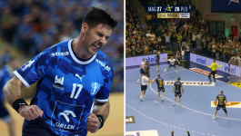 Orlen Wisła Płock przegrała w Magdeburgu po fantastycznej pogoni 26:27 (fot. PAP/Szymon Łabiński / Eurosport) Abel Serdio, zawodnik Orlen Wisły Płock z numerem 17, w emocjonalnym ujęciu po fantastycznej pogoni. Obok zdjęcie z końcówki meczu, na którym widoczny jest tablica wyników z wynikiem 27:26 dla SC Magdeburg i czasem 59:56 na sekundę przed końcem.