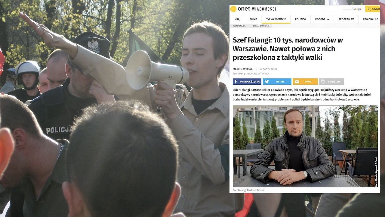 Bartosz Bekier (hajlujący na zdjęciu) niedawno podsycał społeczne nastroje na łamach Onetu (fot. Wojciech Mucha, screen Onet.pl) Bartosz Bekier (hajlujący na zdjęciu) niedawno podsycał społeczne nastroje na łamach Onetu (fot. Wojciech Mucha, screen Onet.pl)