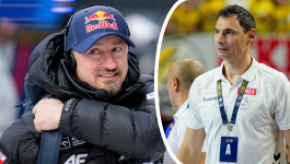 Na zdjęciu zestawiono dwie postacie ze świata sportu: po lewej stronie Adam Małysz w zimowej kurtce z logotypami sponsorów, symbolizujący determinację i koncentrację, a po prawej Krzysztof Lijewski w hali sportowej, gotowy do meczu Ligi Mistrzów. Kontrast scenerii podkreśla metaforę – Industria Kielce musi wznieść się na wyżyny formy, tak jak Małysz na skoczni (fot. Getty Images)