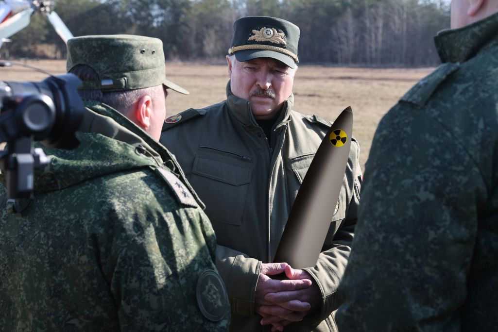 Александр Лукашенко с воображаемым ядерным оружием (Калаж: Pixabay.com / president.gov.by / Белсат)