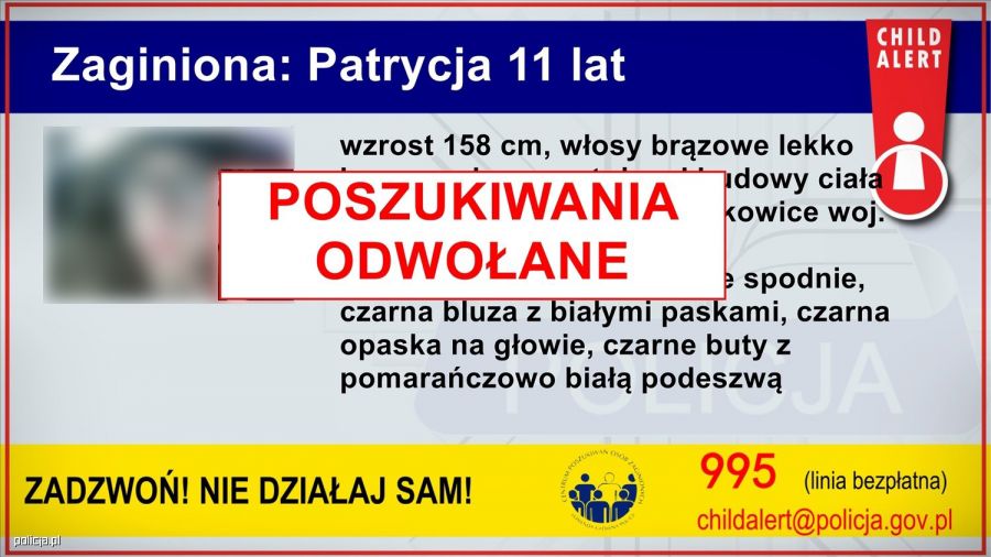 Child Alert odwołany, 11-letnia Patrycja została odnaleziona. Policja zatrzymała 24-letniego mężczyznę (Fot. policja)