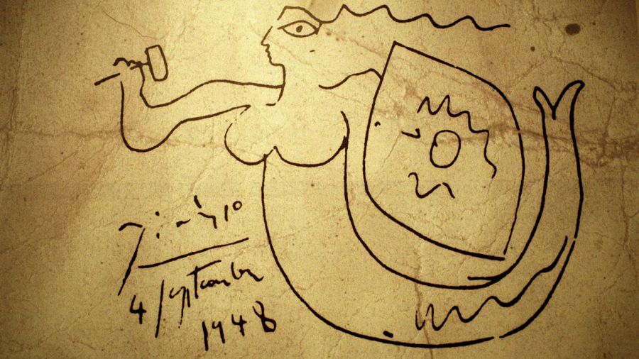 Wystawa „PICASSO” w 2002 r. w Muzeum Narodowym. Na zdjęciu rysunek, który artysta pozostawił w jednym z mieszkań podczas swojego pobytu w Polsce. Fot. Ireneusz Sobieszczuk TVP