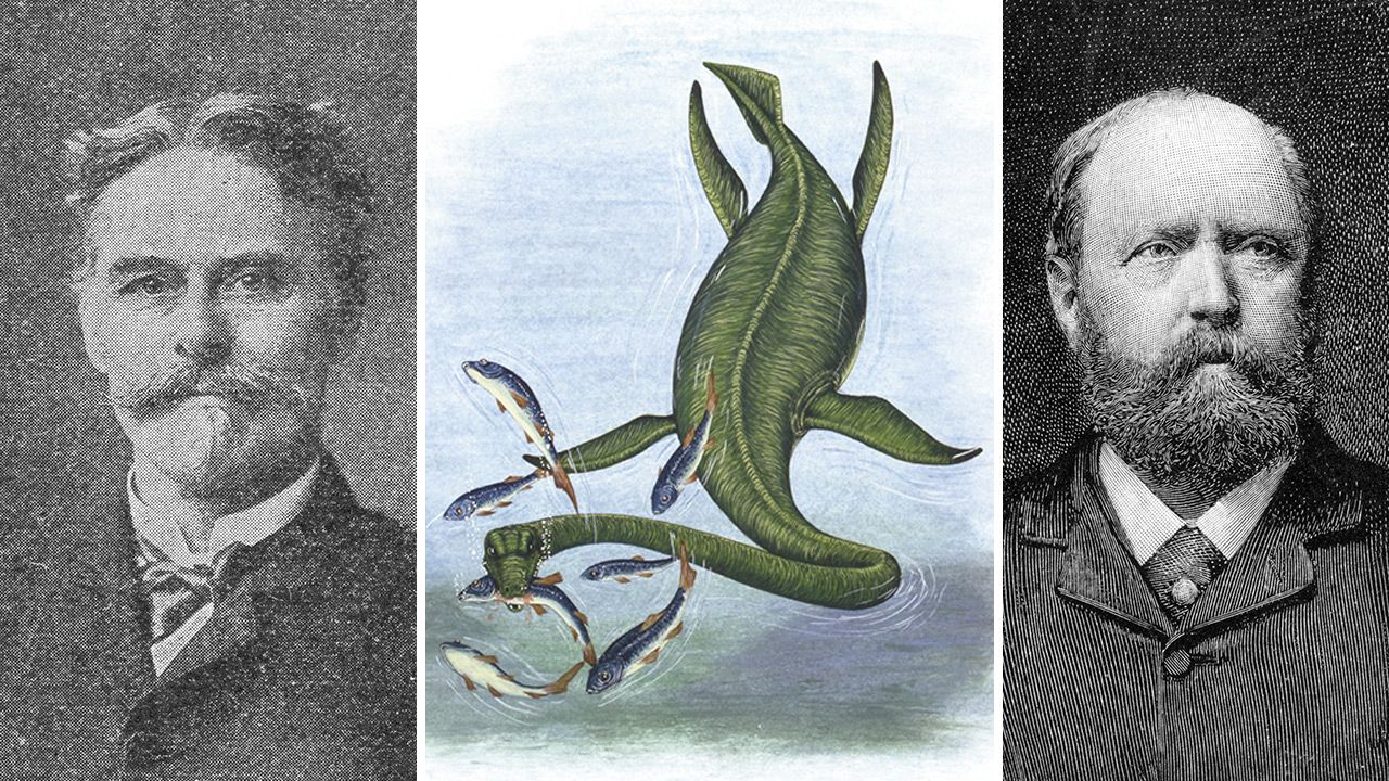 Po lewej - Edward D. Cope, po prawej - Othniel C. Marsh, pośrodku - elasmozaur (fot. Getty Images) Po lewej - Edward D. Cope, po prawej - Othniel C. Marsh, pośrodku - elasmozaur (fot. Getty Images)