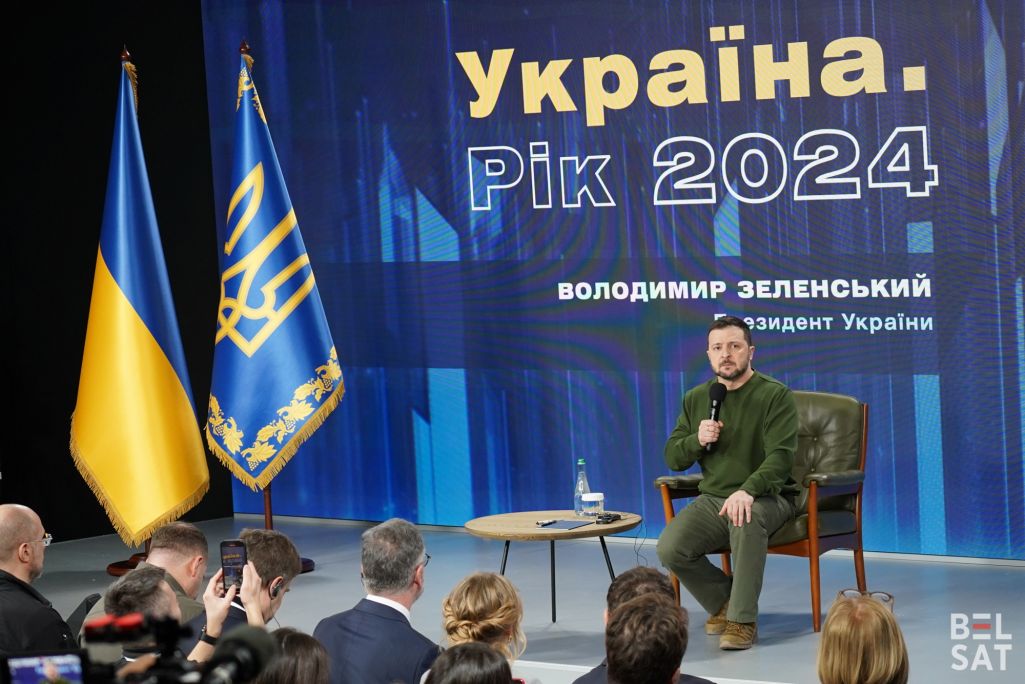 Прэс-канферэнцыя прэзідэнта Украіны Уладзіміра Зяленскага ў другую гадавіну пачатку поўнамаштабнага расейскага ўварвання. Кіеў, Украіна. 25 лютага 2024 года. (Фота: Белсат)