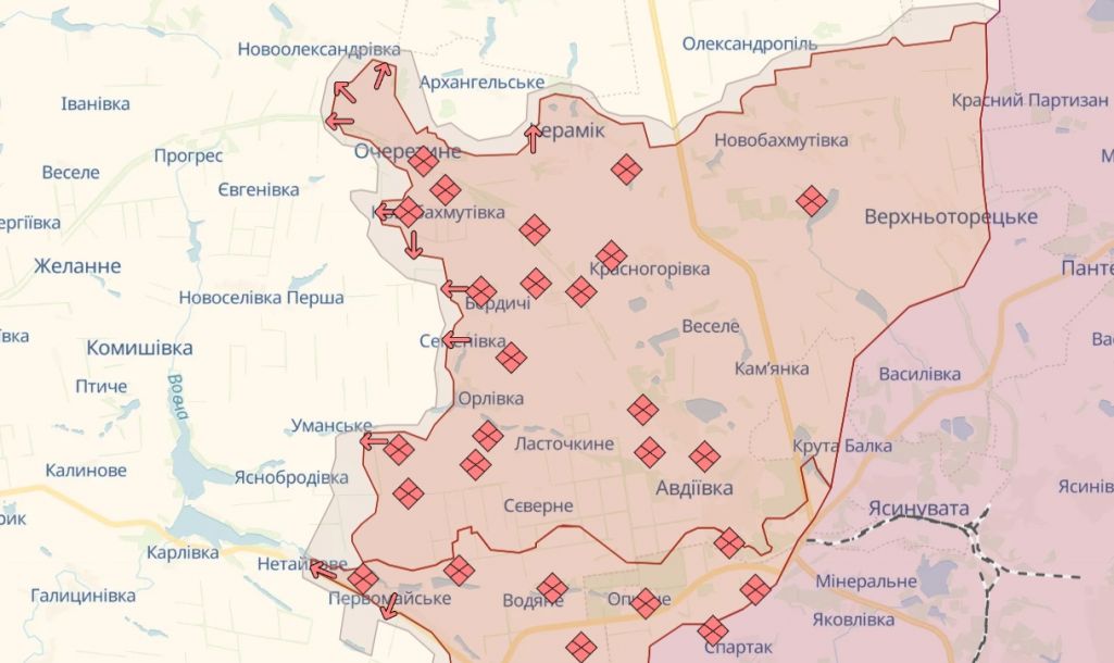 Сітуацыя на фронце ў Данецкай вобласці, заходней Аўдзееўкі, на 1 траўня 2024 году. (Крыніца: deepstatemap.live)