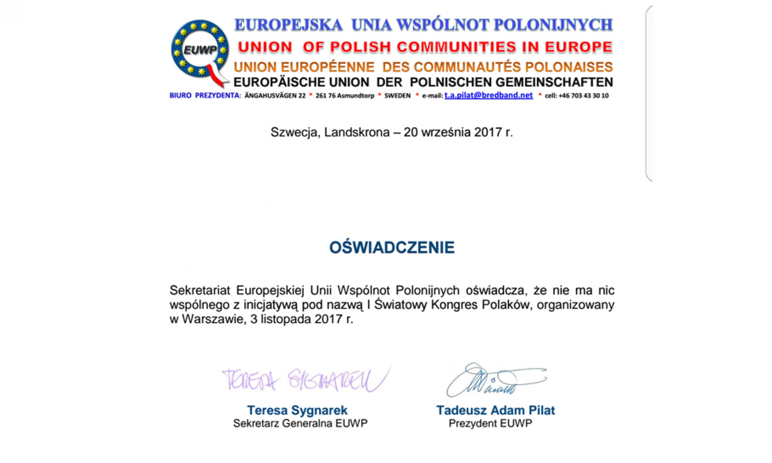 Oświadczenie Europejskiej Unii Wspólnot Polonijnych (fot. TVP Info)