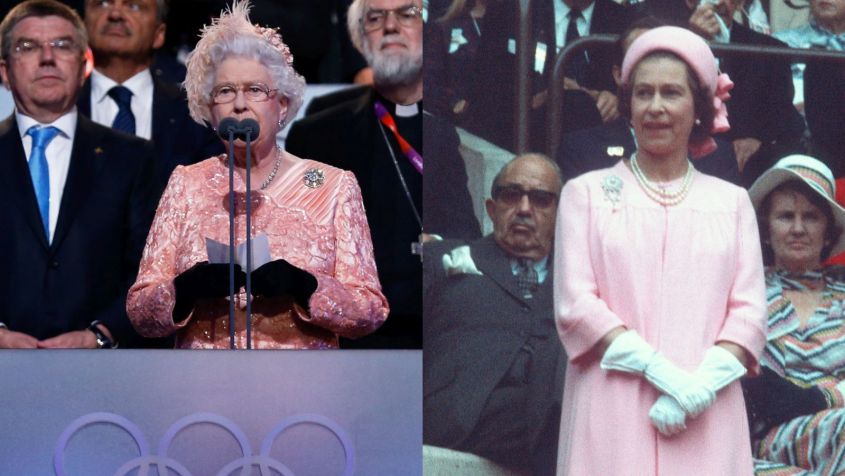 Elżbieta II w trakcie ceremonii otwarcia igrzysk w Londynie w 2012 roku (z lewej) i w Montrealu w 1976