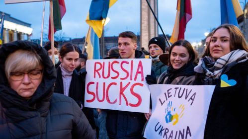 Antyrosyjska demonstracja w Wilnie w dniu rozpoczęcia rosyjskiej inwazji na Ukrainę. 24 lutego 2024 r. Zdj. Paulius Peleckis/Getty Images