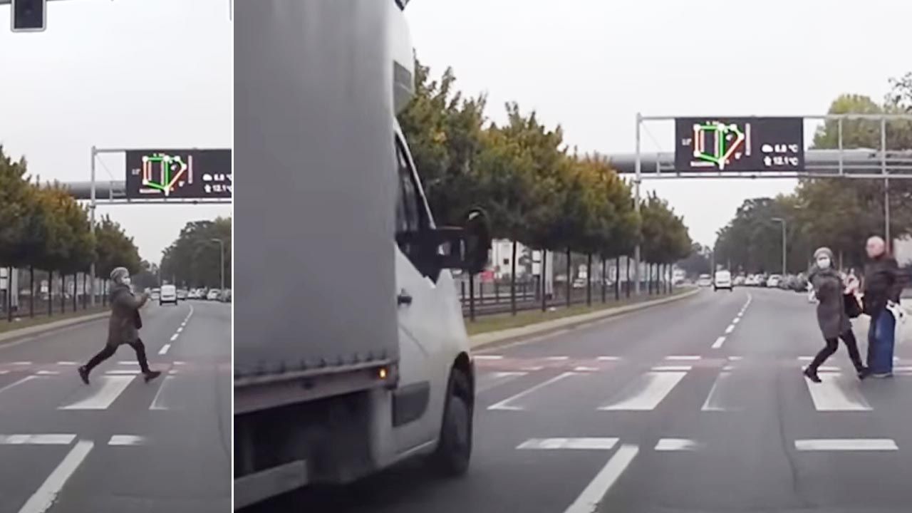 Rozpędzony samochód dostawczy o mało nie potrącił przechodzącej przez pasy kobiety (fot. Youtube/Bandyta z kamerką)
