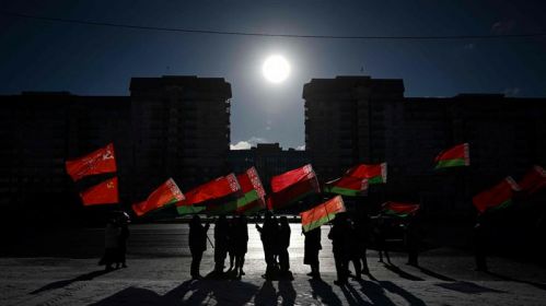 Актывісты беларускага патрыятычнага руху «Спектр» правялі мітынг на падтрыманне кіраўніцтва краіны. Менск, Беларусь. 12 лютага 2023 года. Фота: Natalia Kolesnikova / AFP / East News